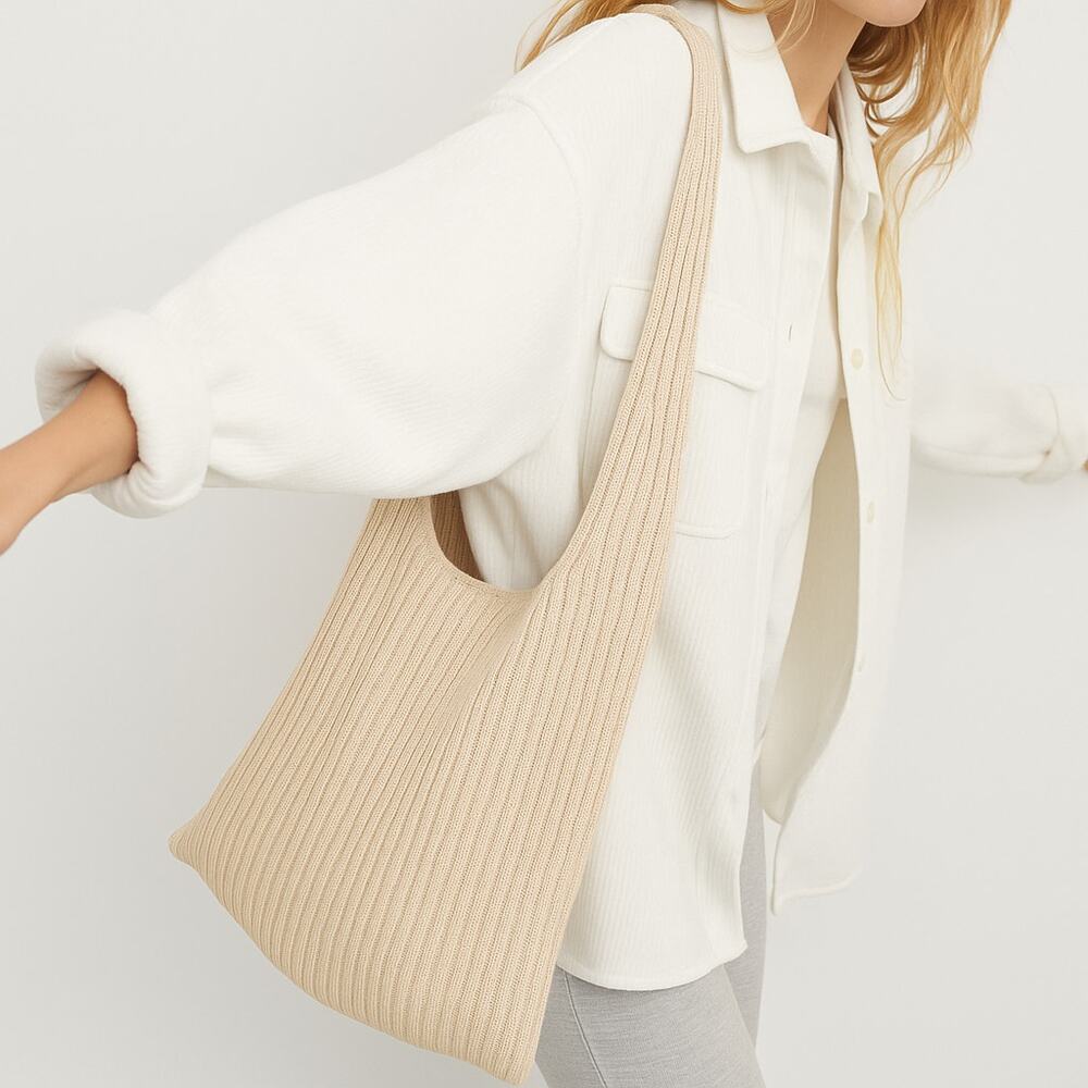AERIE Sweater Knit Tote Bag Purse Beige Ribbed Knitted Casual Minimalist Slouchy